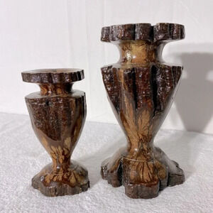 Vintage  Wabi-Sabi Hand Turned Live Edge Chrysanthemum Wood Vase Candle Holders